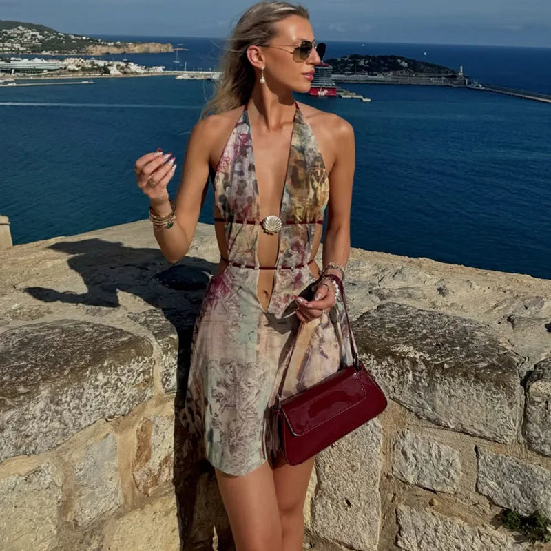 Sexy Print Beach Summer Dress Woman 2025 Deep V Neck Backless Mini Dresses Vacation Outfits