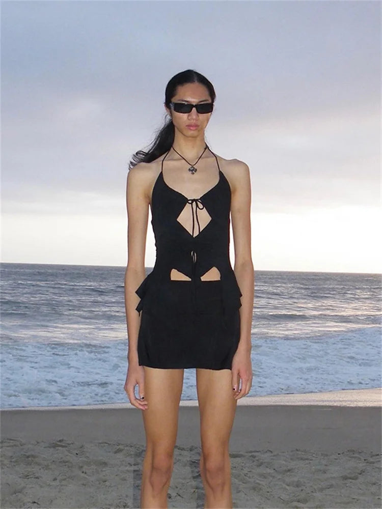 Y2k Hollow Tank Tops Women Sexy Shirring Irregular Camisole Solid Summer Backless Streetwear Fashion Skinny Outfit