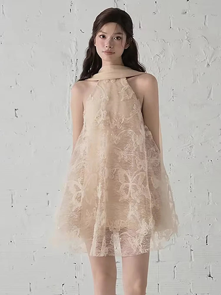 Jacquard Scarf+Dress Women Patchwork Cross Bandage Backless Elegant Banquet Birthday Party Sleeveless Mini Bodycon