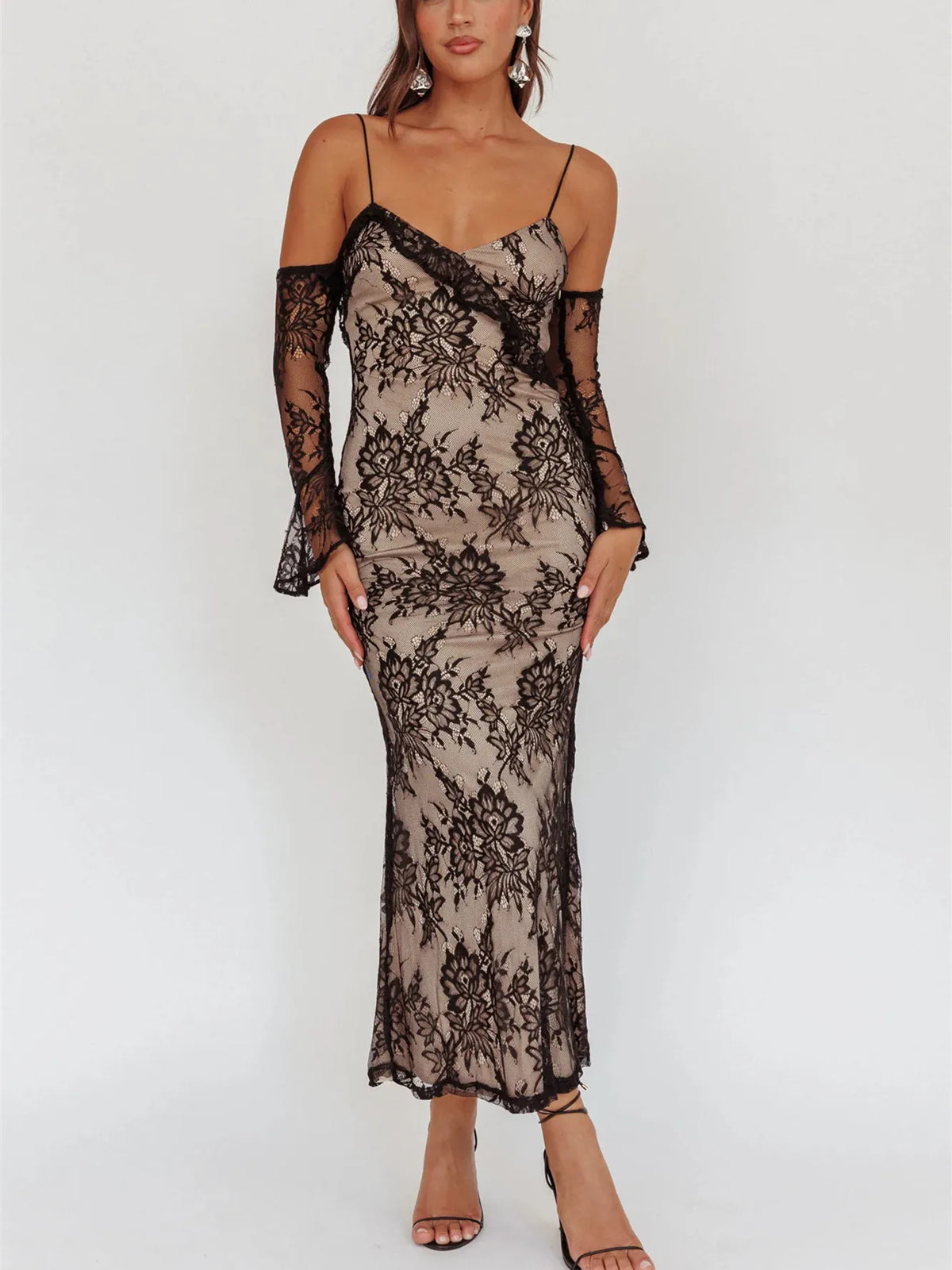 Floral Lace Slim Elegant Dresses For Women V Neck Off The Shoulder Long Sleeve High Waist Bodycon Dress Party Clubwear