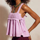 Boho Smocked Ruffle Crop Cami Solid Color Adjustable Tie Back Spaghetti Strap Loose Summer Beach Vacation Tank Top