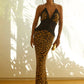 Lace Patchwork Dress Women Leopard Print Backless Halter Bandages Sleeveless Sexy Hottie Party Street Maxi Bodycon