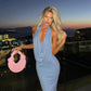 Women Rhinestone Halter Maxi Dress Cowl Neck Open Back Sleeveless Bodycon Party Club Evening Gown Sparkly Formal Dress