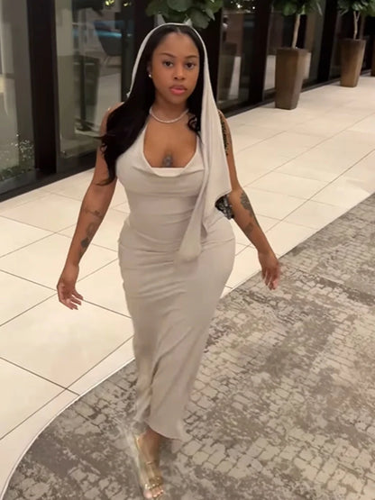 Swing Collar Women Dress With Scarf Hollow Back Split Backless Halter Skinny Formal Occasion Prom Bodycon Vestidos