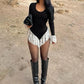 Hottie Lace Patchwork Bodysuit Women U-Neck Jacquard Ruffle Elegant Sexy Simple Fashion Stretch Slim Street Clubwear