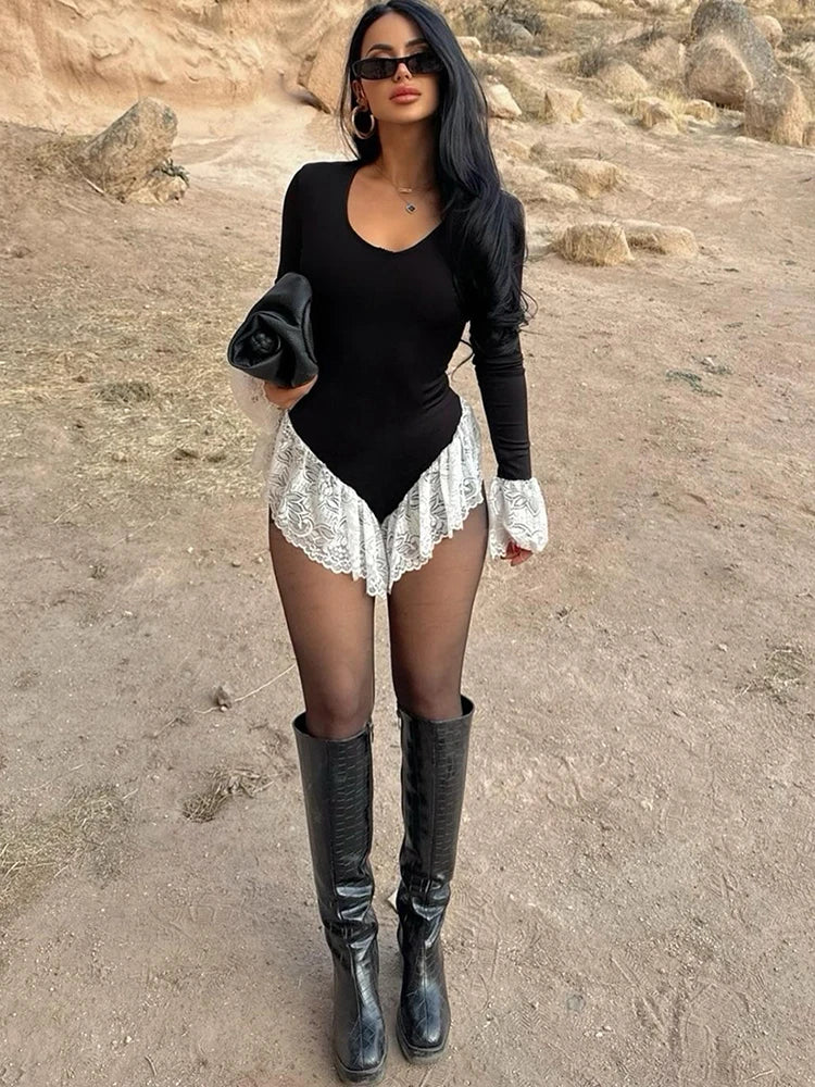 Hottie Lace Patchwork Bodysuit Women U-Neck Jacquard Ruffle Elegant Sexy Simple Fashion Stretch Slim Street Clubwear
