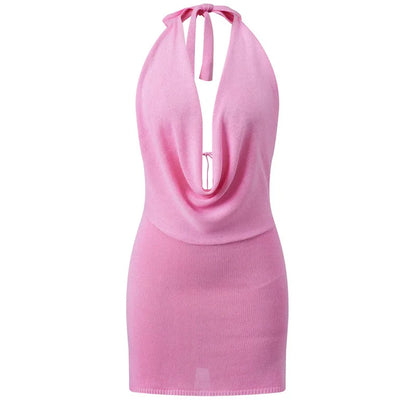 Women Knitted Halter Dress Slim Solid Cowl Neckline Sleeveless Open Back Mini Bodycon Dress for Summer Party Clubwear
