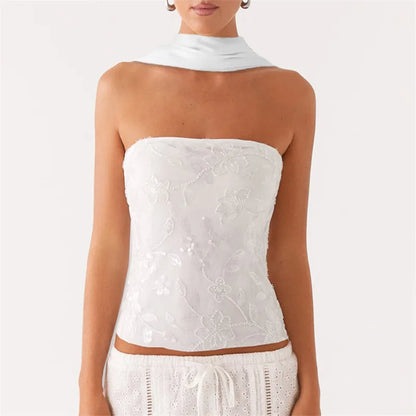 Women Y2K Sequin Tube Top with Scarf Sexy Backless Pearl Embellished Beaded Cami Bling Glitter Rhinestone Camisole