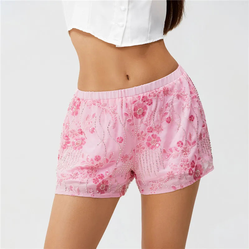 Women Sequin Mini Shorts Y2K Low Rise Sparkle Floral Bead Embellished Bottoms Teen Girls Cute Summer Trendy Shorts