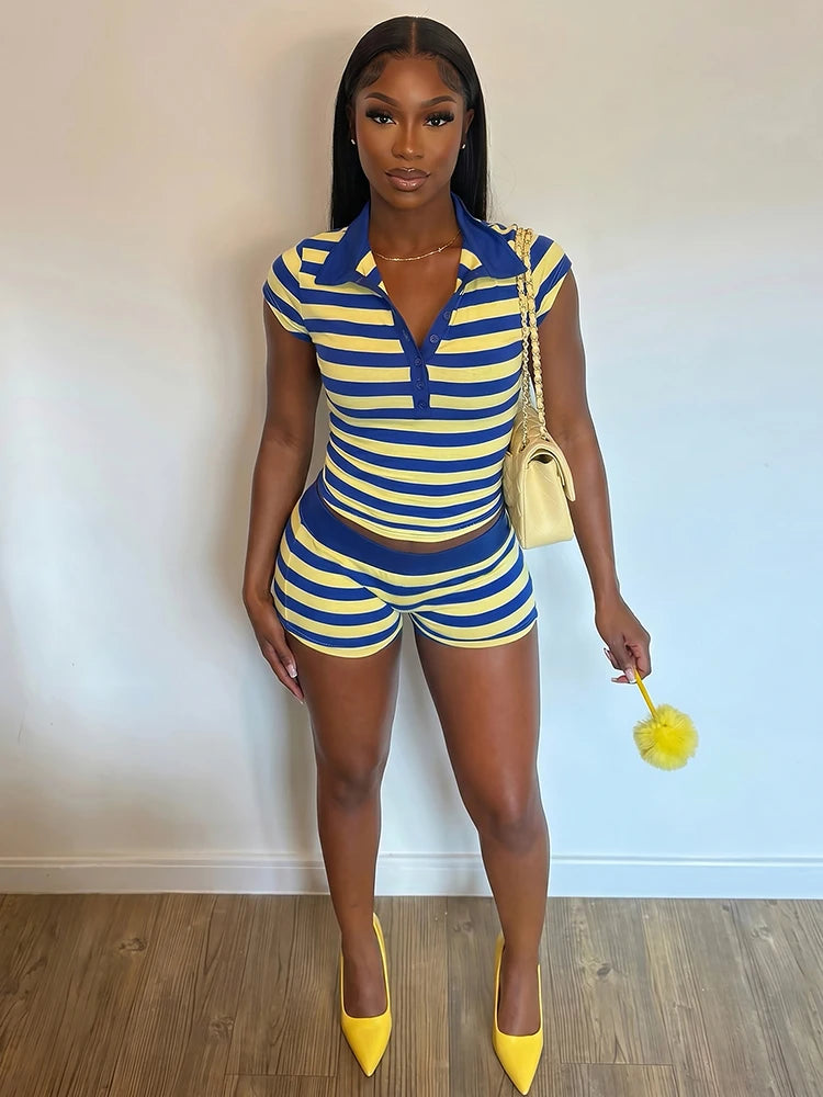 Stripe Print 2 Piece Set Woman Button Lapel Short Sleeve T-Shirts+Elastic Waist Shorts High Street Fashion Outfits