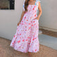 Boho Women's Summer Tie Shoulder Dress Vintage Floral Print Sleeveless Shirred Backless Long Flowy Dress with Pockets
