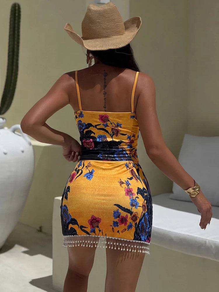 Sexy Floral Print 2 Piece Set Women Trend Square Collar Tank Top+Beads Tassel Patchwork Skirt Fashion Party Suits