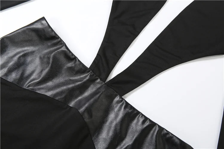 Hot Girls Leather Patchwork Long Dresses Woman Sexy Deep V-Neck Backless Full Sleeve Style High Street Elegant Vestidos