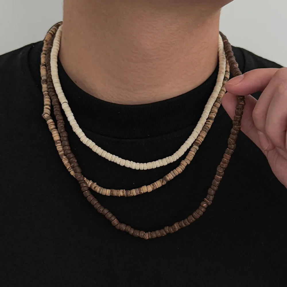 3Pcs/Set Unique Irregular Coconut Husk Wooden Beads Chokers Necklace for Men Vintage Adjustable Chain Daily Jewelry New