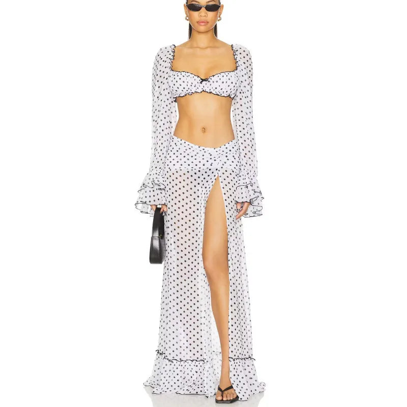 Women 2Piece Outfits Flare Long Sleeve Sweetheart Neck Dot Print Crop Tops and High Slit Long Skirt Set Summer Beachwear