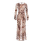 Cheetah Print Mesh Sheer Long Sleeve Lace-up Backless Maxi Dresses for Woman Clothes Elegant