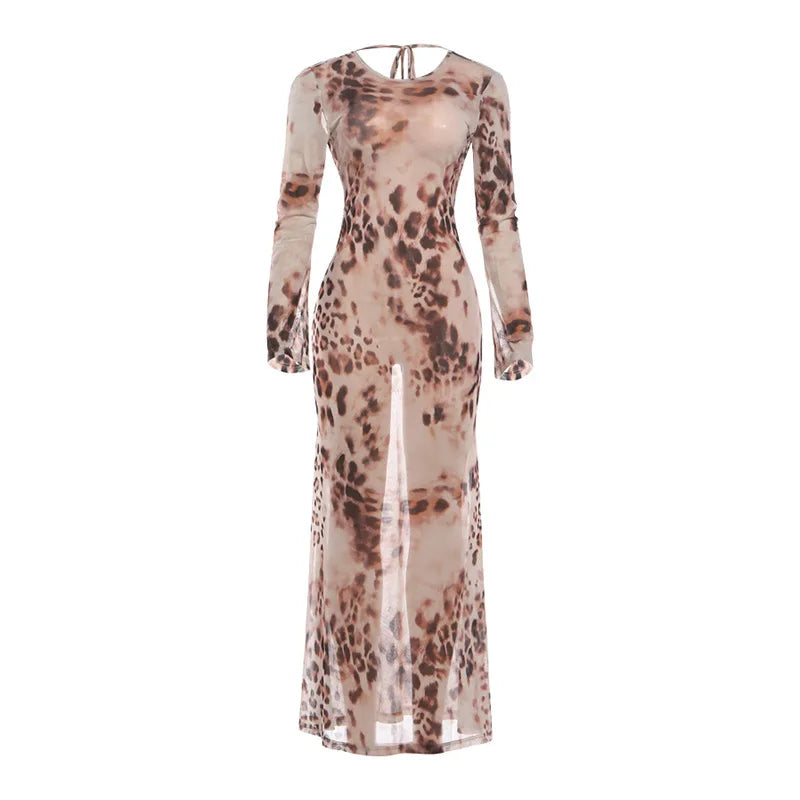 Cheetah Print Mesh Sheer Long Sleeve Lace-up Backless Maxi Dresses for Woman Clothes Elegant