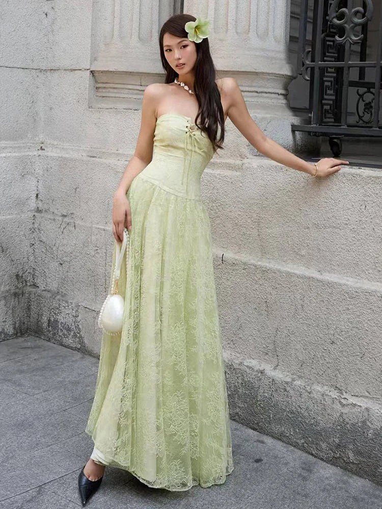 Sexy Strapless Maxi Dress Women Bandage Cross Patchwork Jacquard Backless Sleeveless Elegant Party Vacation Vestidos