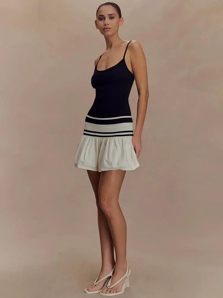 Summer Patchwork Sexy Mini Dress Women Fashion Spaghetti Strap Sleeveless Backless Ruffle Club Party Dress Elegant