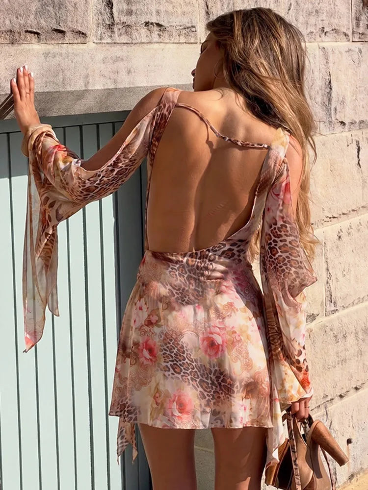 Women Leopard Print Sexy Mini Dress Boho Long Flare Sleeve Beach Club Party Dresses Female Elegant Y2K Ruffle Dresses