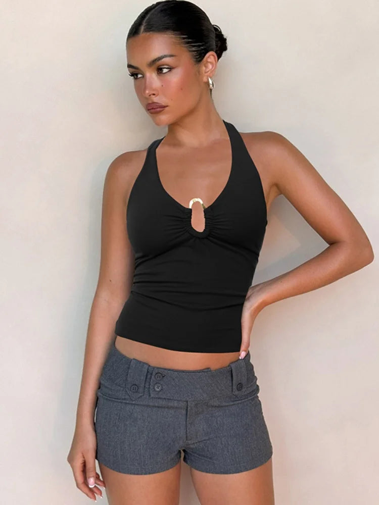 Hardwear Detail Hollow Halter Crop Tops 2025 Summer Woman Clothes Fashion Sexy Backless Tank Top