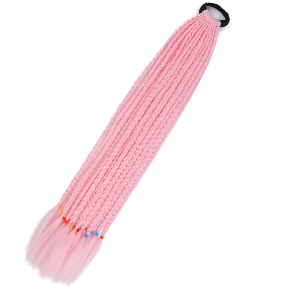Synthetic 24inch Girls Colored Box Braided Ponytail With Elastic Rubber Band Hair Extensions Rainbow Color Box Pigtail Hairpiece