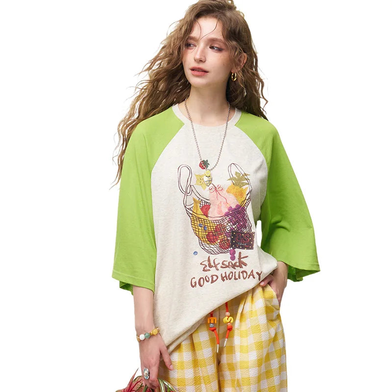 Women's Raglan 3/4 Sleeve T-Shirt with Fruit Basket Graphic Print, Color Block Loose Tee for Daily, Casual Oversized Top