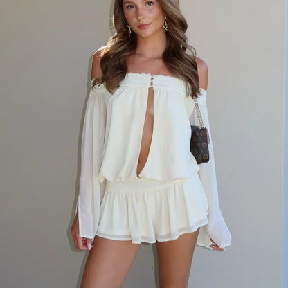 Women's Off Shoulder Chiffon Romper Long Sleeve Keyhole Lace Trim Ruffle Hem Jumpsuit Casual Summer Playsuit Streetwear
