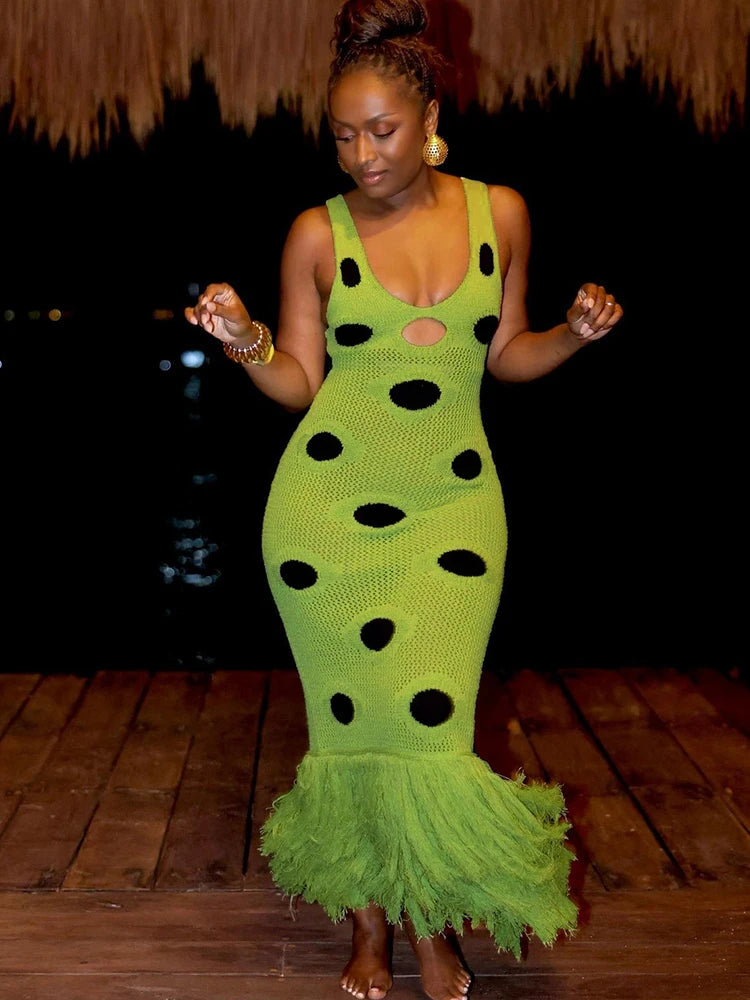Knit Women Dress Beach Vacation Skinny Stretch Sleeveless Hollow Dot Tassel Hem Elegant Sexy Midnight Maxi Bodycon