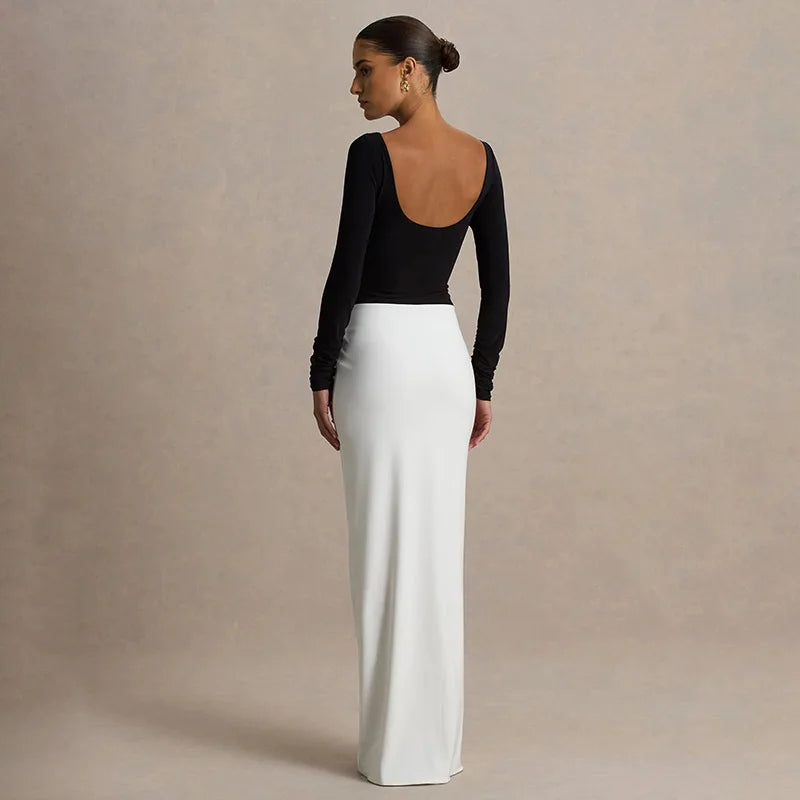 Black and White Patchwork Boat Neck Long Sleeve Backless Maxi Dress Elegant Party Dresses Fall Clothes