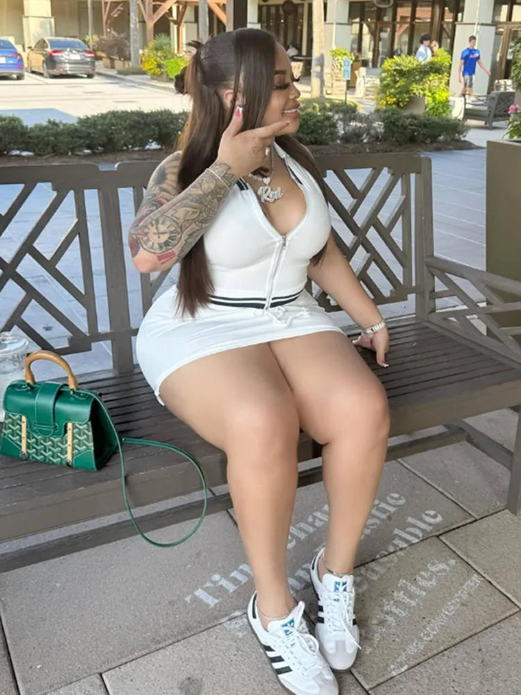 Sexy Sporty 2-Piece Set Women Tracksuit Casual Sash Zip Polo Neck Tank Tops+Mini Peach Hip Skirts Matching Streetwear