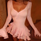 Women Coquette Mini Bodycon Dress V Neck Diagonal Button Long Flare Sleeve Ruffle Layered Hem Short Dress Party Clubwear