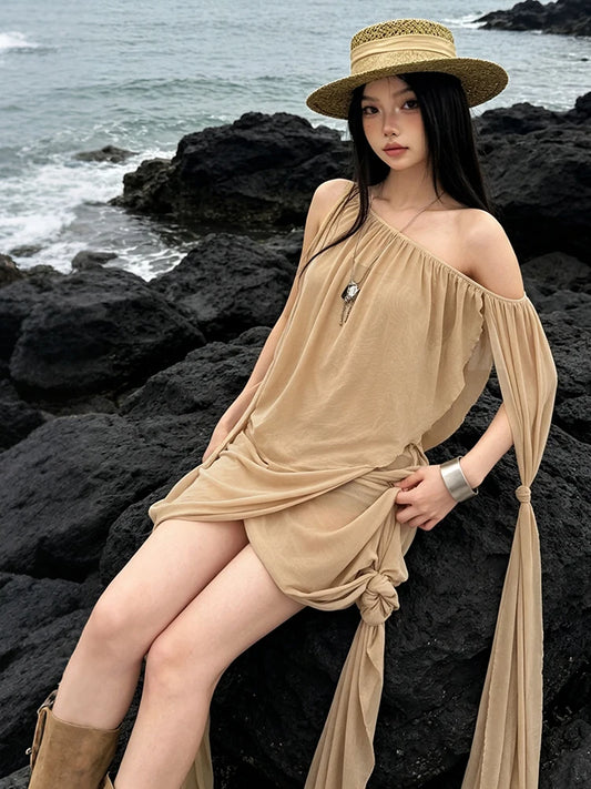 Cross Irregular Hem Dress Women Chic Diagonal Collar Bandage Knot Mesh Tassel Folds Sexy Beach Party Mini Bodycon