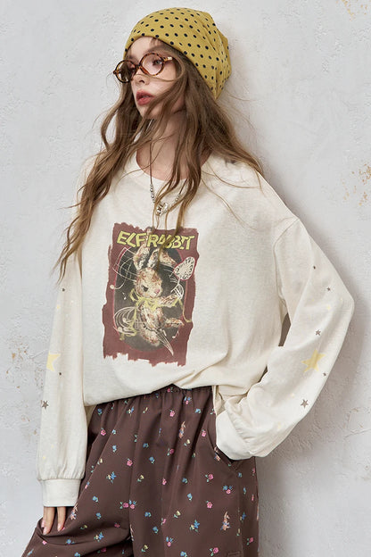 Women's Long Sleeve Graphic Tee with Rabbit Print, Loose Fit Casual Top for Everyday Wear