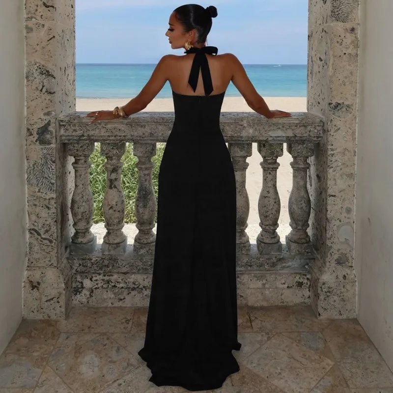 Sexy Halter Backless High Split Maxi Dress Black Burgundy Elegant Party Dresses Woman 2025 Luxury