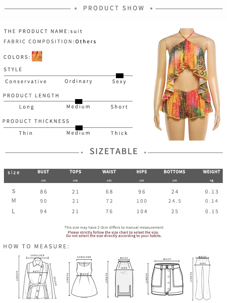 Colorful Beach 2 Piece Set Women Sexy Irregular Backless Halter Camisole+Shorts Matching Summer Vacation Club Outfits