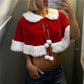 Women Red Velvet Christmas Short Cape Shawl Faux Fur Trim Collar Tie Front Pom Pom Santa Cloak For Xmas Holiday Party