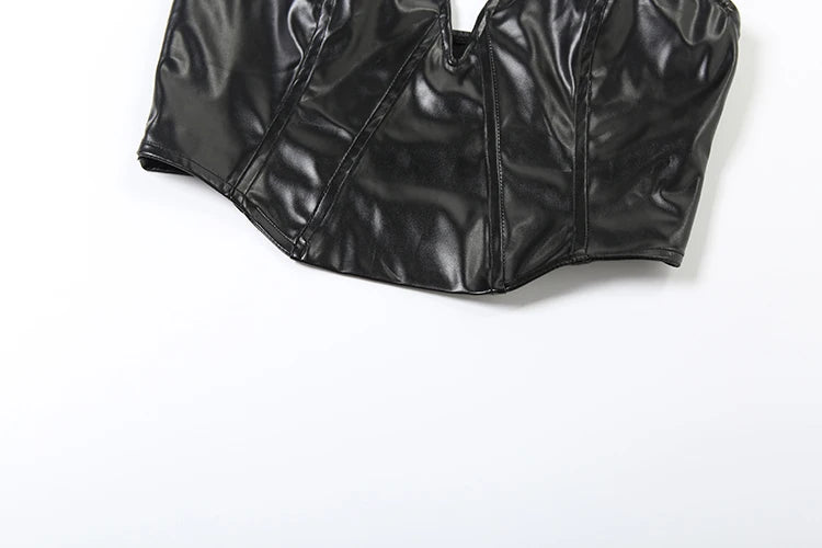 Sexy Punk Pu 2-Piece Set Women Irregular Corset Top+Skinny Zip Shorts Matching Simple Hottie High Street Hipster Clubwear