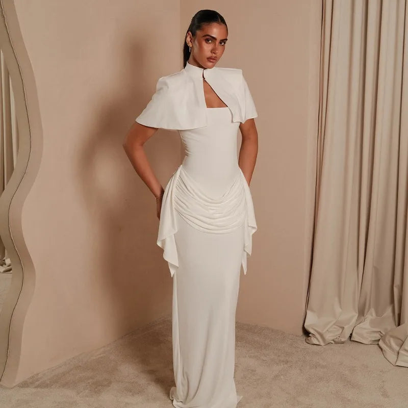 White Cape and Maxi Dress Set Elegant for Woman Wedding Guest Outfits Evening Gown
