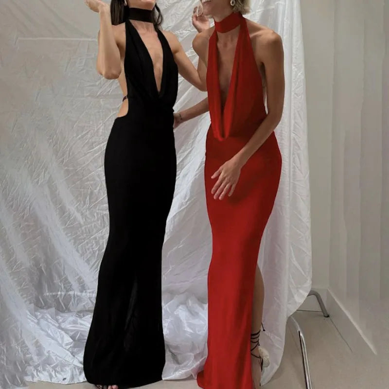 Deep V-neck Halter Backless Side Split Maxi Dresses Women Elegant Sexy Black Red Evening Party Dress