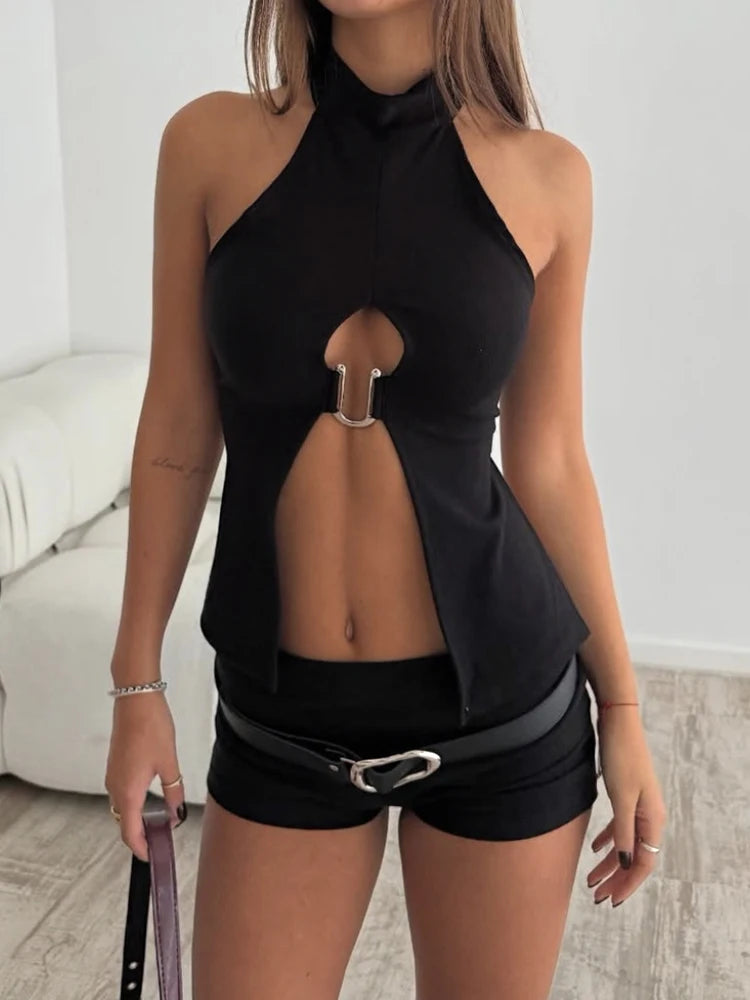 Metal Ring Tank Tops Women Y2K Chic Split Navel Backless Coquette Buttons Halter Sexy Hottie Midnight Wild Basic Vest
