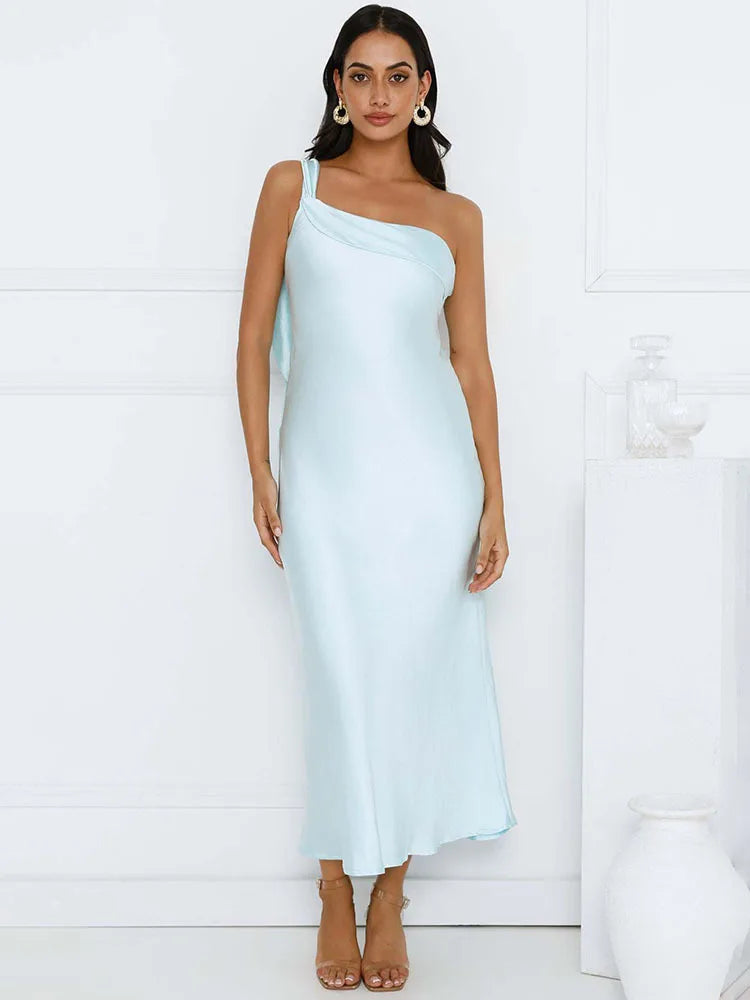 One Shoulder Backless Sexy Maxi Dress Women Gown Satin Skew Collar Sleeveless Thigh High Split Club Party Long Dresses