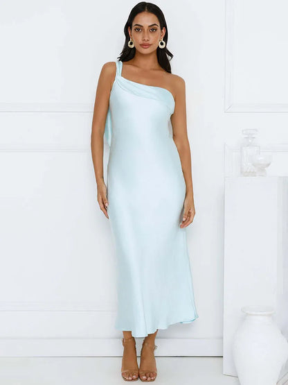 One Shoulder Backless Sexy Maxi Dress Women Gown Satin Skew Collar Sleeveless Thigh High Split Club Party Long Dresses