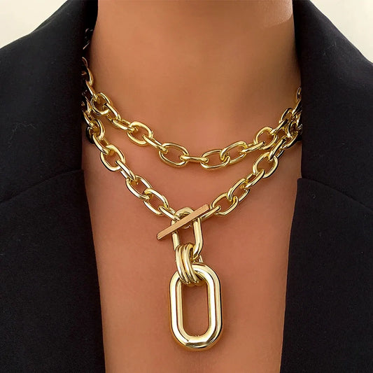 2Pcs Exaggerated Chunky Chain CCB OT Buckle Pendand Choker Necklace for Women Heavy Metal Link Jewelry Accessories Steampunk Men