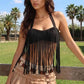 Women Suede Fringe Halter Crop Top Backless Buckle Tassel Sleeveless Western Cowboy Festival Party Streetwear Tank Tops