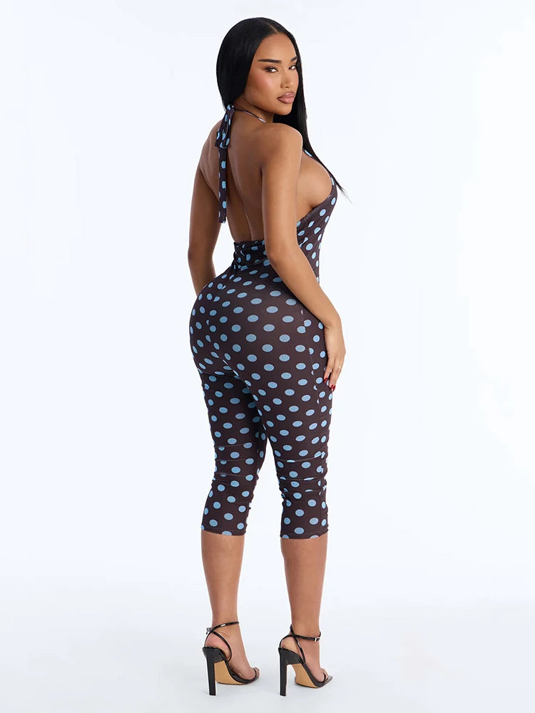 Midnight Romper Women Sexy Backless Halter Fashion Polka Dot Print Low-Neck Bandages Sleeveless Hottie Party Playsuits