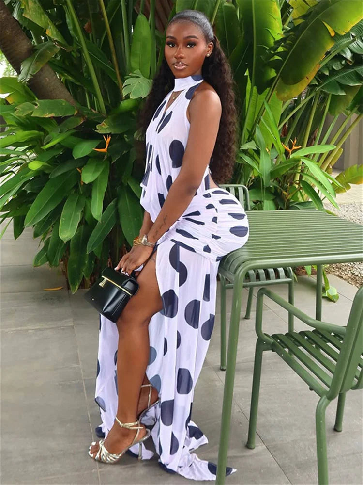 Sexy Swing Collar Dress Women Dot Print Hollow Halter Backless Bandage Split Stretch Mesh Vacation Party Vestidos