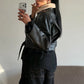 PU Leather Jacket Woman Furry Patchwork Lapel Double-Breasted Metal Buckle Belt Full Sleeve High Street Style Coats