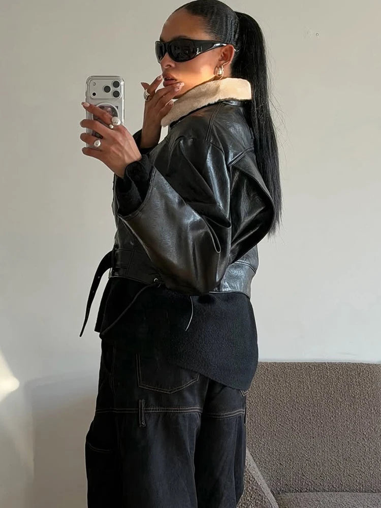 PU Leather Jacket Woman Furry Patchwork Lapel Double-Breasted Metal Buckle Belt Full Sleeve High Street Style Coats