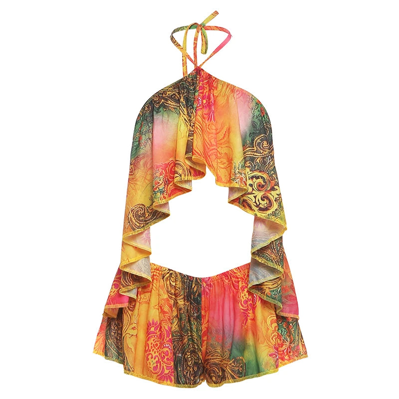 Colorful Beach 2 Piece Set Women Sexy Irregular Backless Halter Camisole+Shorts Matching Summer Vacation Club Outfits